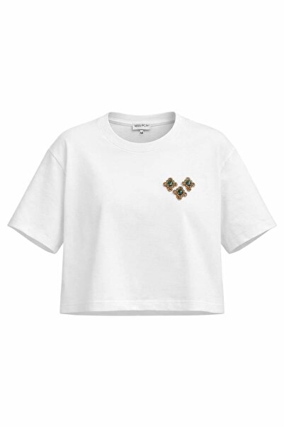 Miss Poem Γυναικείο μπλουζάκι λευκό πράσινο Με πέτρινα αξεσουάρ Βαμβάκι τεμάχ...