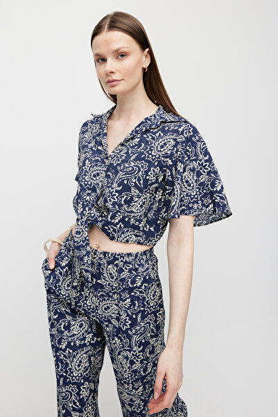 PAULMARK Women's Çicek Patterned Front Tie-Detail Blouse