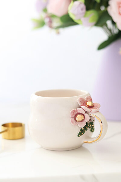 ada mia seramik 24K Gold Decorated Handmade Ceramic Mug with Flower Figures