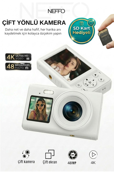 NEFFO 4K Dijital Retro Video Kamera 48MP Flaşlı Kart Dijital Vlog Fotoğraf Ma...