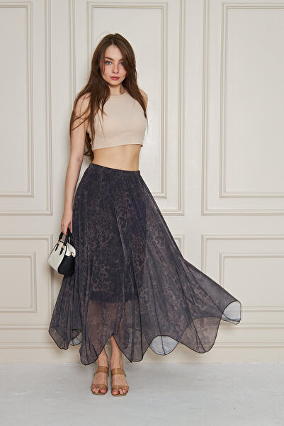 Rora Leopard Printed Pack Chiffon Long Skirt – Asymmetrical Cut High Waist Wo...