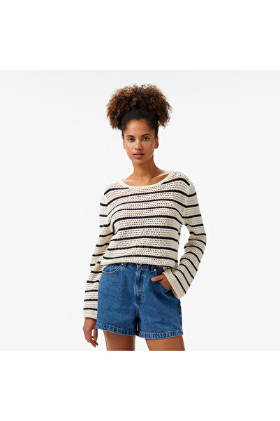 Tommy Hilfiger Pointelle Crochet Open-Nk Kadın Beyaz Kazak