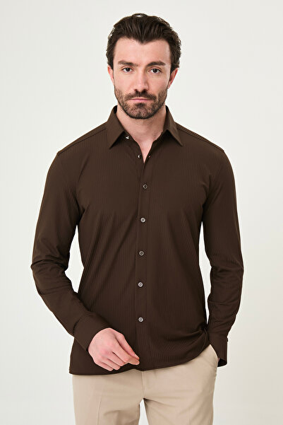 Mcr Striped Slim Fit Metal Button Long Sleeve Men's Shirt Brown - 27139.26Y