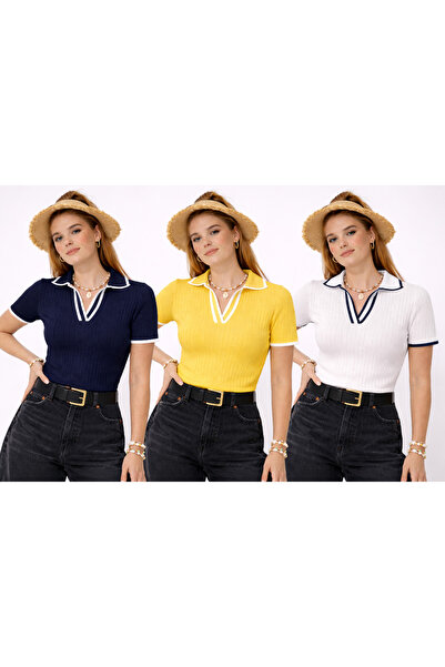 cheen Pachet Advantage 3 piese Bleumarin Galben Alb Tricotaj de vară Tricou c...