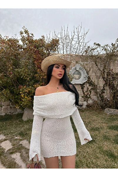 kırmızı butiks Beyaz Katlamalı Triko Madonna Elbise