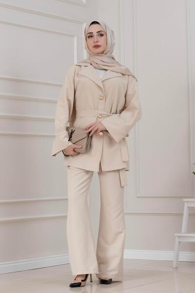 Sevitli Belt and Buckle Detail Double Set-Beige