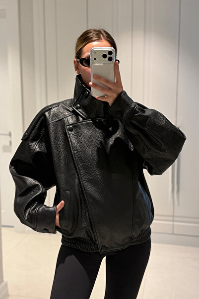 MANMARK Viral Oversize Kadın Deri Ceket Yüksek Yaka Siyah Urban Style Kadın D...
