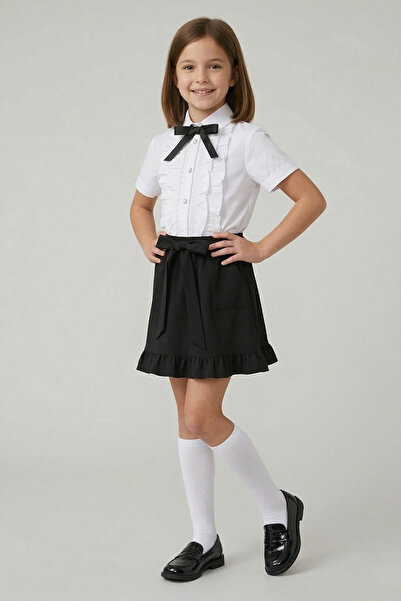 nacar çarşı Girl's Black Bow Ruffle Shirt Black Ruffle Pocketed Skirt April 2...