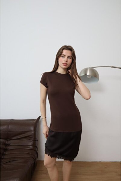 COjans Women's Skirt Hem Lace Detailed Satin Fabric Dress