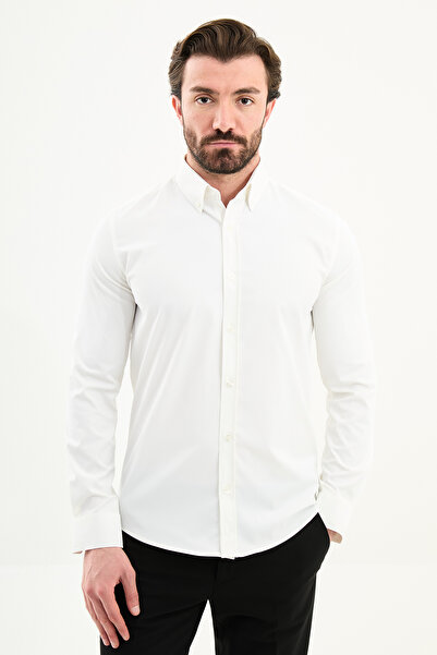 Mcr Cămașă pentru bărbați cu mânecă lungă, simplă, slim fit guler ridicat Ecr...