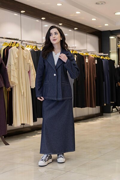 Sevitli Denim Skirt Jacket Double Set-Dark Blue