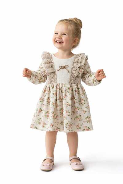 beybikoza Girl's Transitional Floral Print Straw Long Sleeve Dress