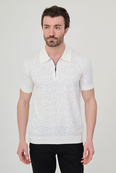 Mcr Delik Με σχέδιο εφαρμοστό Ανδρικό πλεκτό μπλουζάκι με φερμουάρ και λαιμόκ...