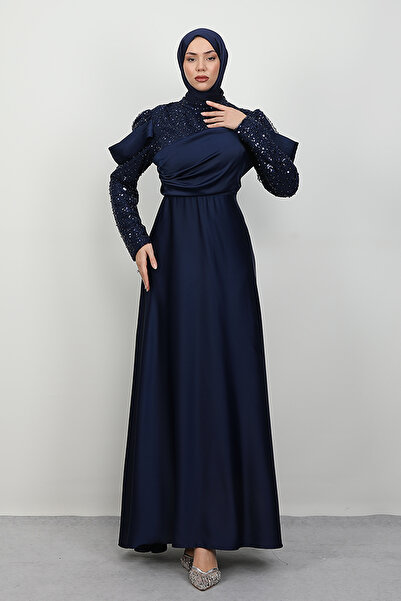 Lamia Giyim Kolu Drapeli Pullu Abiye Lacivert