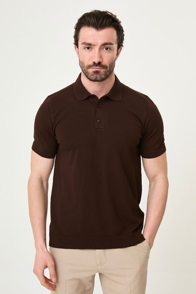 Mcr Ανδρικό πλεκτό μπλουζάκι με λαιμόκοψη πόλο - εφαρμοστό Καφέ - 11581.26Y