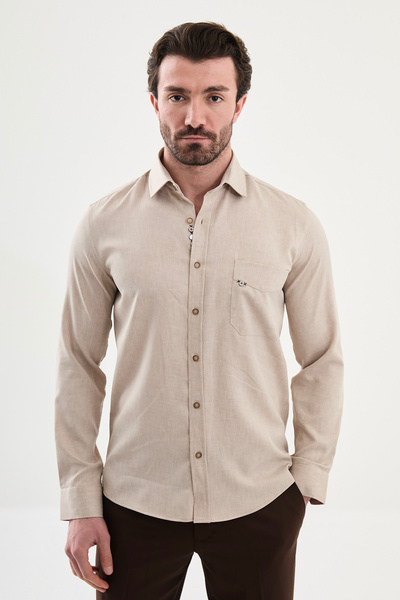 Mcr Plain Slim Fit Pocketed Long Sleeve Men's Shirt Beige - 27143.26Y
