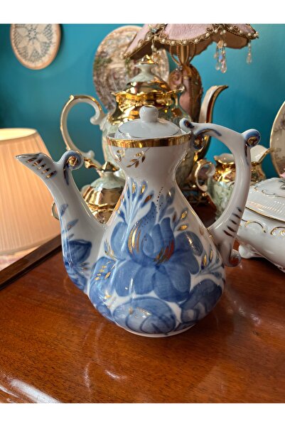 GZHILOVINGL 1970S Gzhel Handmade Russian Art Blue Floral & Gold Gilded Luxury...