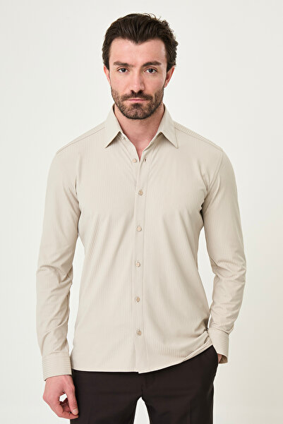 Mcr Striped Slim Fit Metal Button Long Sleeve Men's Shirt Beige - 27139.26Y