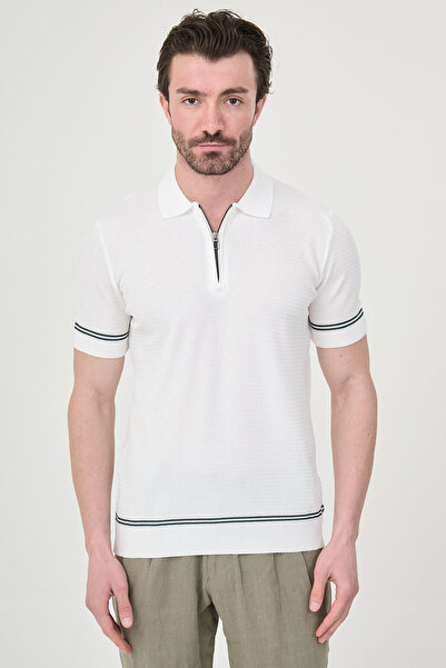 Mcr Tricotaj pentru bărbați cu guler polo și fermoar, detaliat cu dungi slim ...