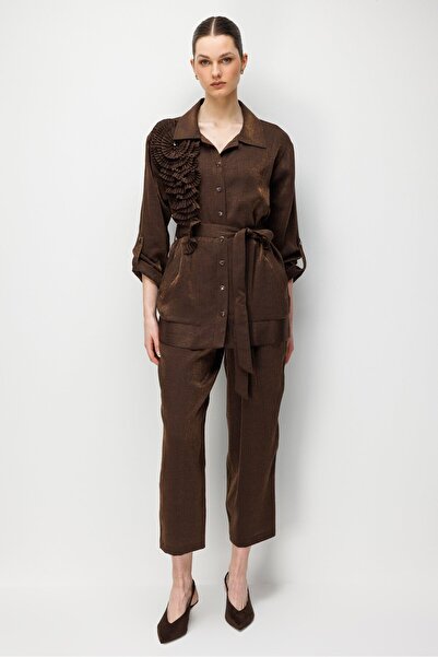 Moda İlgi Modailgi Kemeri Apoletli Düğme Detaylı Dokuma Pantolon - 15012 Kahve