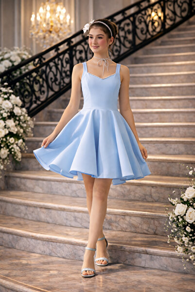 Erkut Kız Çocuk Bebe Mavi Renk Krep Kumaş Kısa Abiye Elbise