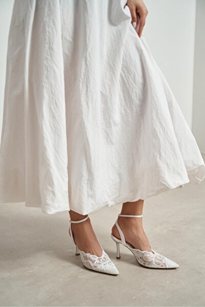 NİŞANTAŞI SHOES Aveny White Lace Embroidery Detail Ankle Strap Stiletto Heel ...