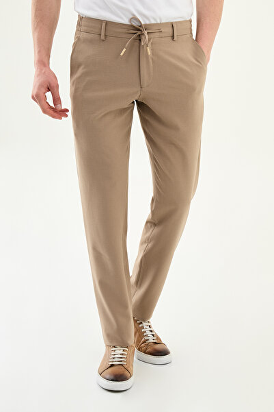 Mcr Patterned Slim Fit Men's Drawstring Trousers with Elastic Waist Camel - 3...