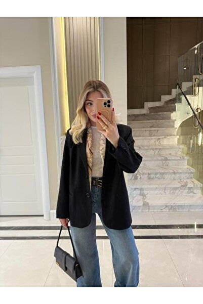 CKBUTİK Siyah Oversize Poliviskon Blazer Ceket