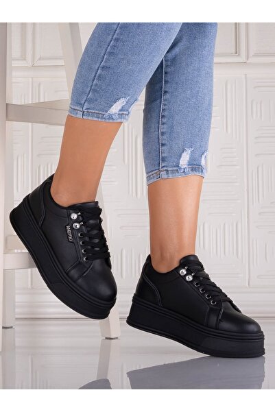 YIYI Dalenea Black Platform Sneakers for Women Made of Faux Leather, Size 37