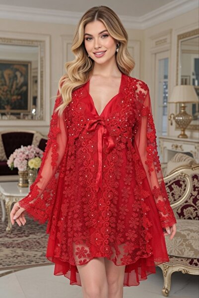 NAHAWAND Luxury Lace Piece Satin Nightgown and Dressing Gown Set - Stylish Do...