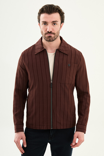 Mcr Striped Slim Fit Shirt Collar Spring Men's Coat Claret Red - 39660.26Y