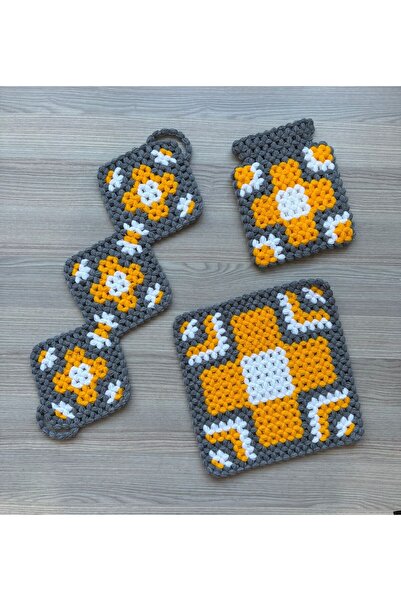 WIB TASARIM طقم مناشف محبوكة يدويًا باللونين الأصفر والرمادي مكون من 3 قطع