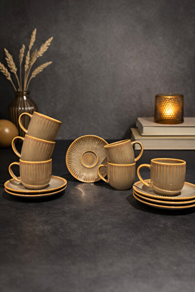 Kadı Kızı Kadıkızı 12 parça 6 kişilik Maya Kum Porselen Kahve Fincan Takımı