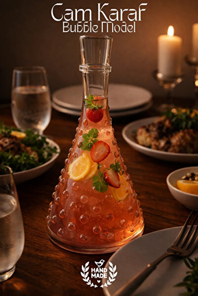 GİNZAMAİSON El Yapımı Cam, Bubble Model Kapaklı Sürahi - 1Lt. Cam Sürahi