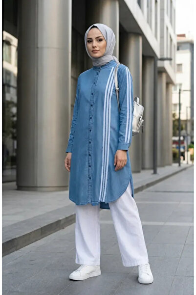 sefamerve Τζιν τουνίκ με λεπτομέρεια σε ρίγες 23932-02 Τζιν Μπλε