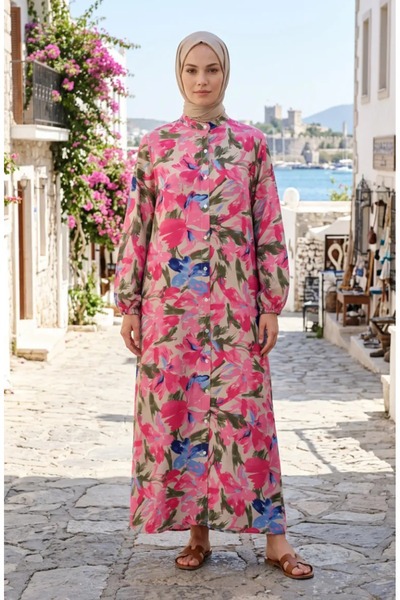 sefamerve Rochie cu model cu mâneci elastice 0249-04 Roz Indigo