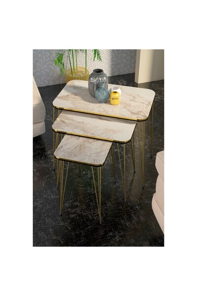 GOLDFALEZ Metal Ayaklı Mermer Desenli 3'lü Zigon Sehpa Seti 37x60 cm Minimali...