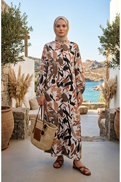 sefamerve Rochie cu mâneci elastice și nasturi cu model 0252-01 Maro Negru