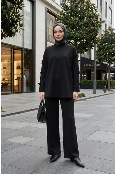 sefamerve Set dublu: Tunică cu mâneci tip fundă și pantaloni 2246-02 Negru