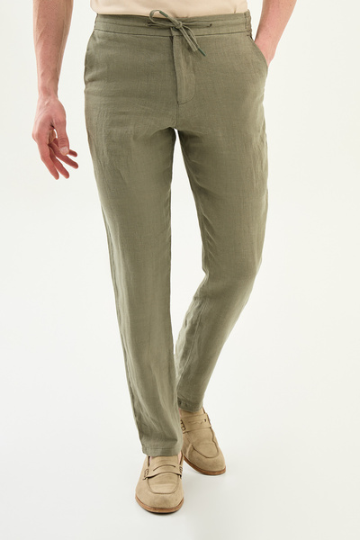 Mcr Чоловічі штани прямого крою з еластичним поясом на шнурку, 100% льон, хак...