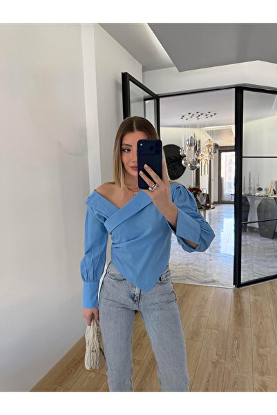 CKBUTİK Mavi Asimetrik Yakalı Gömlek-0317
