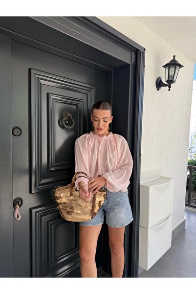 CKBUTİK Pembe Yakası Büzgülü Bluz -4959