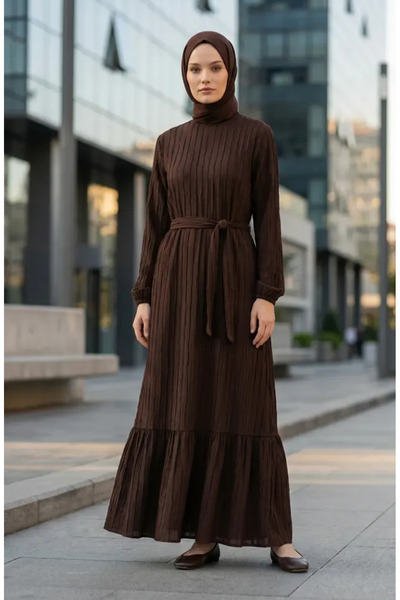 sefamerve Ruched Textured Belted Dress 2242-02 Brown