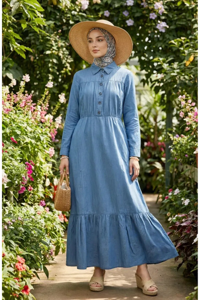 sefamerve Half-Buttoned Pocketed denim dress 300126-01 blue