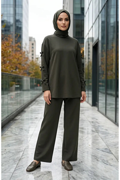 sefamerve Set dublu: Tunică cu mâneci tip fundă și pantaloni 2246-01 Kaki