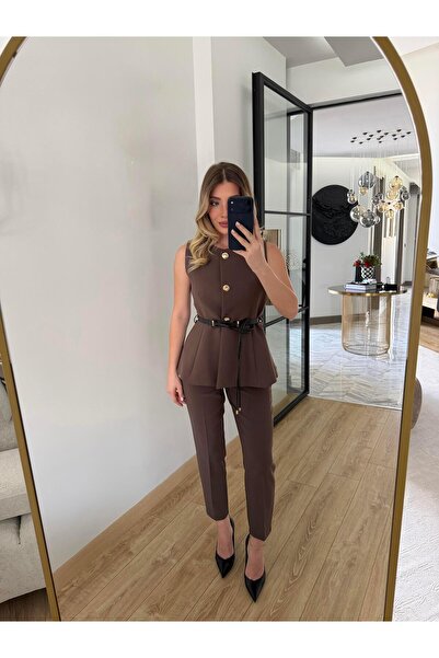 CKBUTİK Kahverengi Yelekli Kemerli Takım-9682