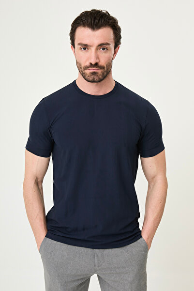 Mcr Striped Slim Fit Crew Neck Men's T-Shirt Navy Blue - 36878.26Y