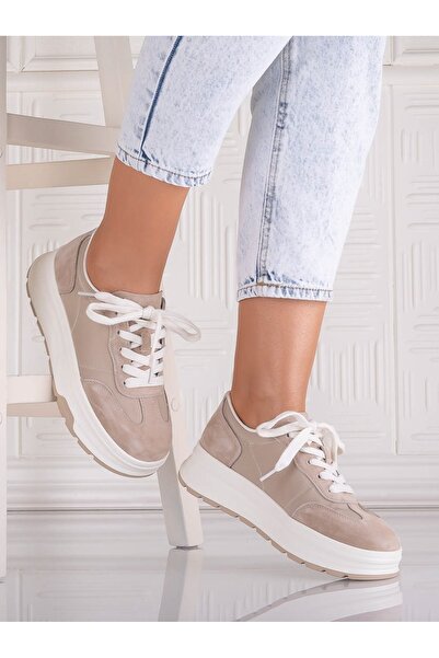 ANGEL BLUE Pantofi sport bej pentru femei Narella, din piele întoarsă și mate...