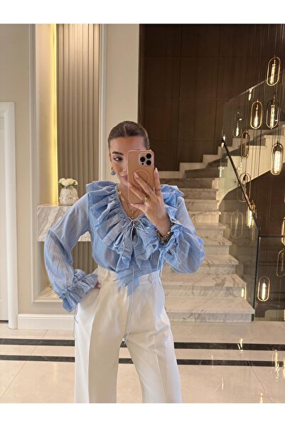 CKBUTİK Μπλε πουκάμισο με βολάν σε σουηδικό στυλ