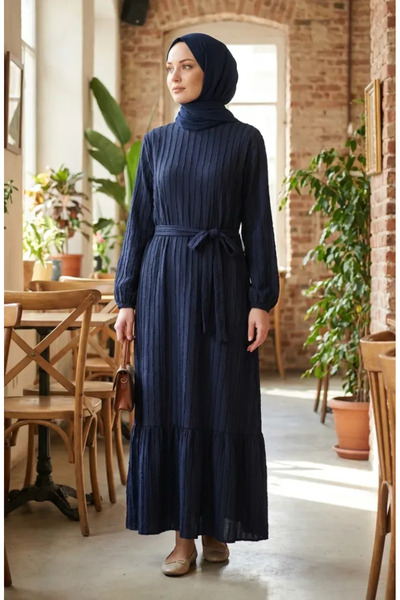 sefamerve Ruched Textured Belted Dress 2242-01 Navy Blue